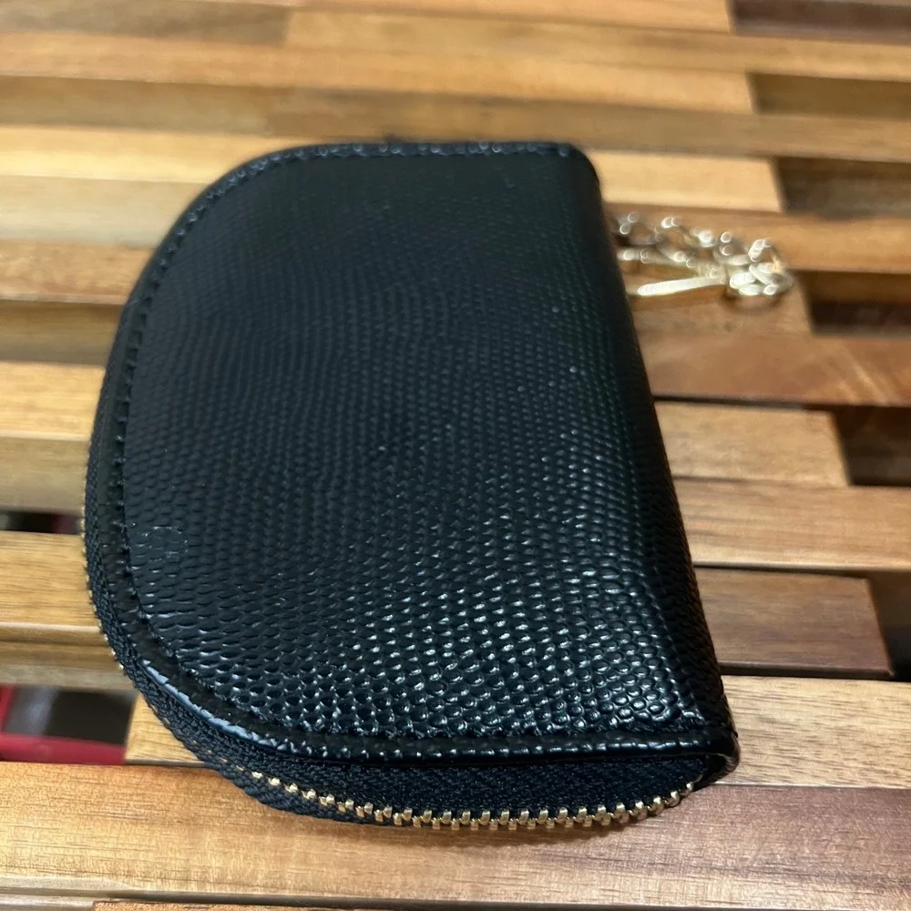 Anne Klein Black Lizard Embossed Accordion Card Case Keychain Wallet Gold Tone